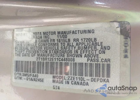 2001 Toyota Corolla Ce/Le/S from USA, damaged, VIN 2T1BR12E11C448008